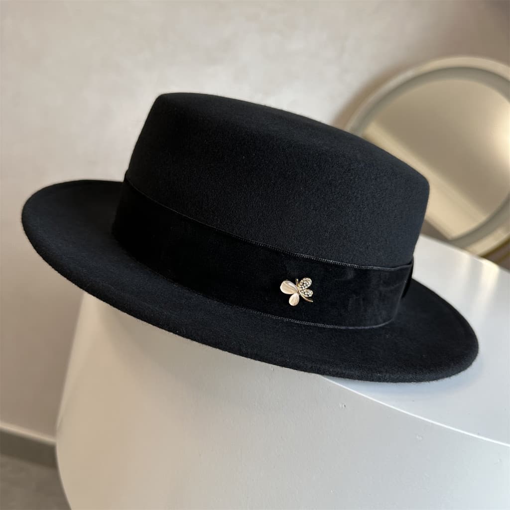 Preto plana chapéu feminino outono inverno panamá lã chapéu superior aba plana francês britânico Retro All-Match chapéu