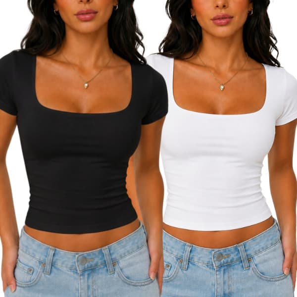 Kit 2 Blusa Feminina Suplex Premium Gola Quadrada Decote Básica Casual Versátil Manga Curta