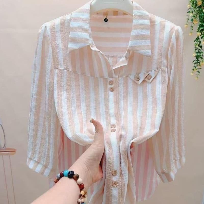 Elegante camiseta feminina listrada de manga três quartos, moda de verão.   ORVZ