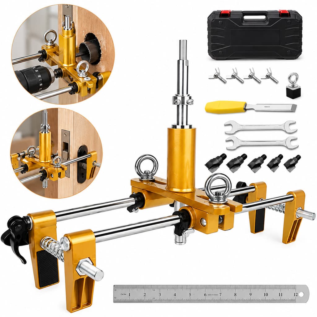 Kit Gabarito Furação p/ Fechaduras Portas Madeira - Ajustável c/ 3/5 Fresas - 13cm Profundidade