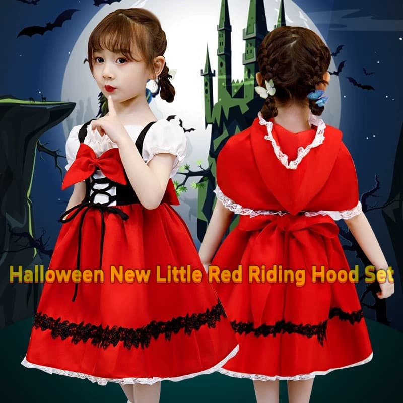 Halloween traje infantil menina capa vermelha novo estilo pequeno capuz vermelho traje terno tecido de alta qualidade co