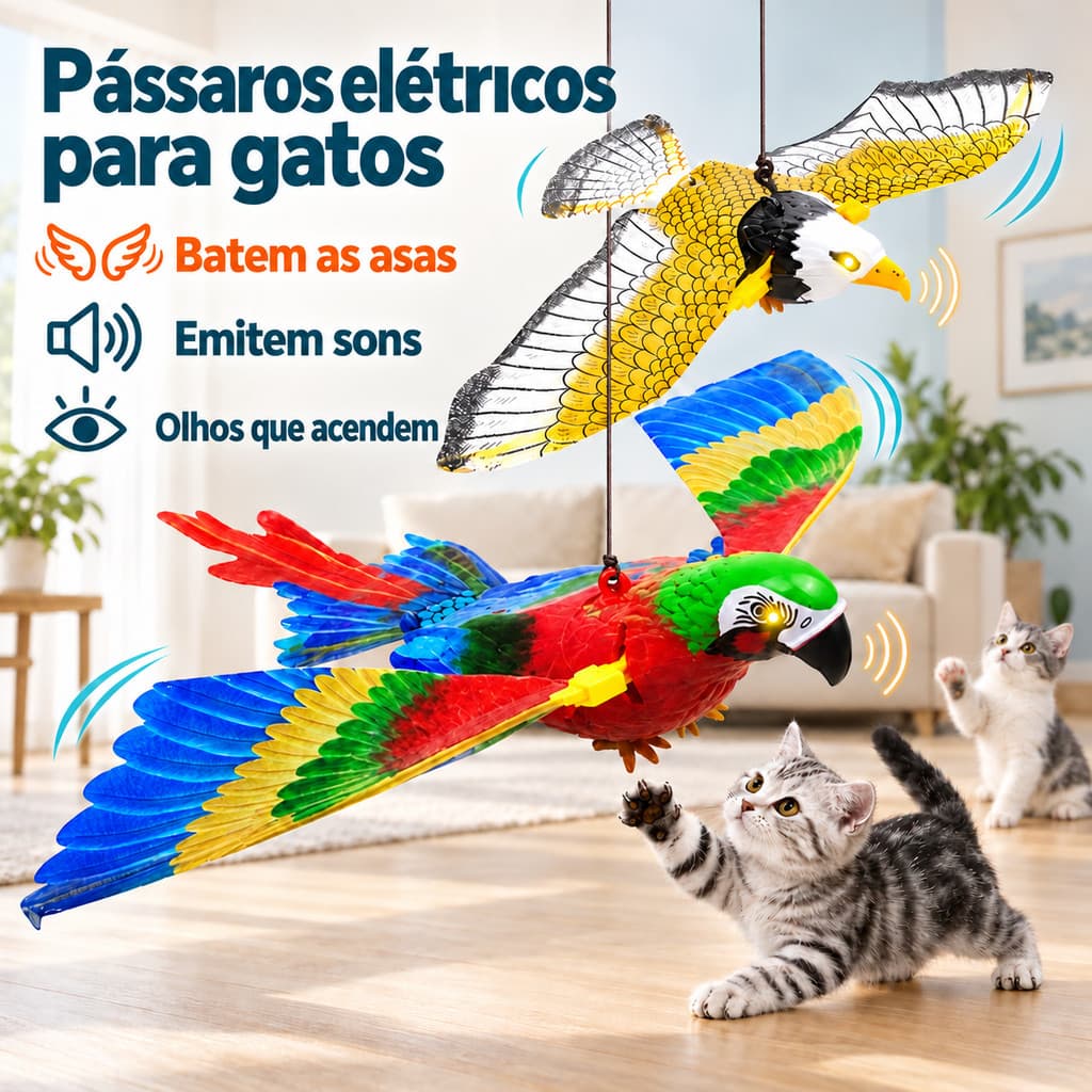 Brinquedo Voador Aguia Eletrica Passaro Bate Asas Luz Som 42cm Gatos Gasta Energia