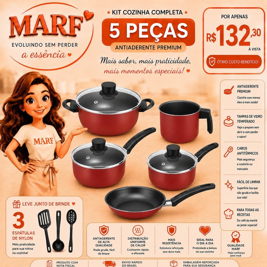 Jogo de Panelas MARF 8 Peças Alumínio Antiaderente com Tampas de Vidro + Utensílios