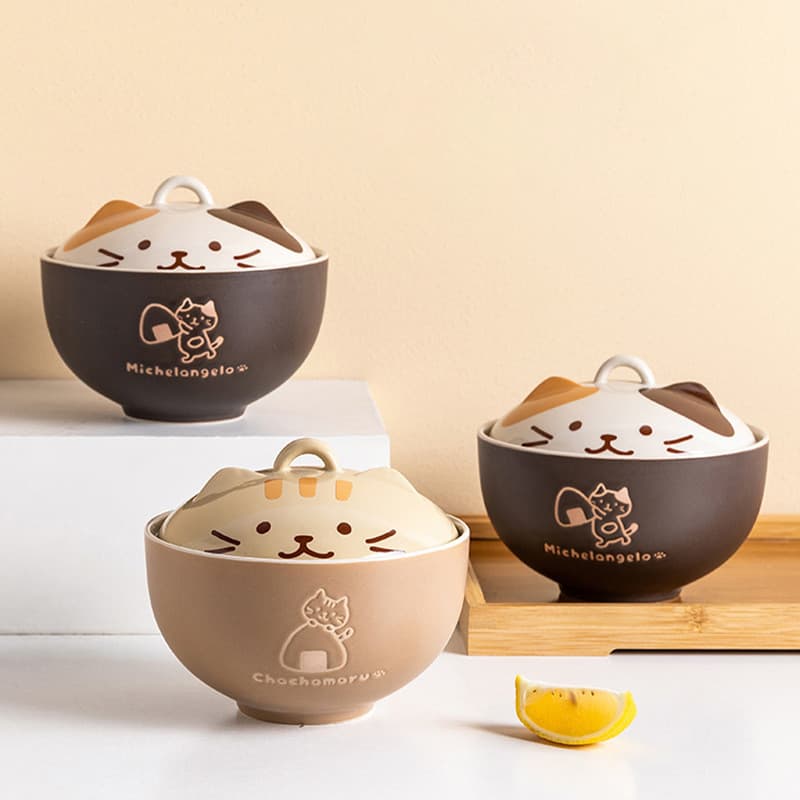 Novo gato tridimensional japonês utensílios de mesa gato bonito tigela de cerâmica grande capacidade capa tigela sopa do