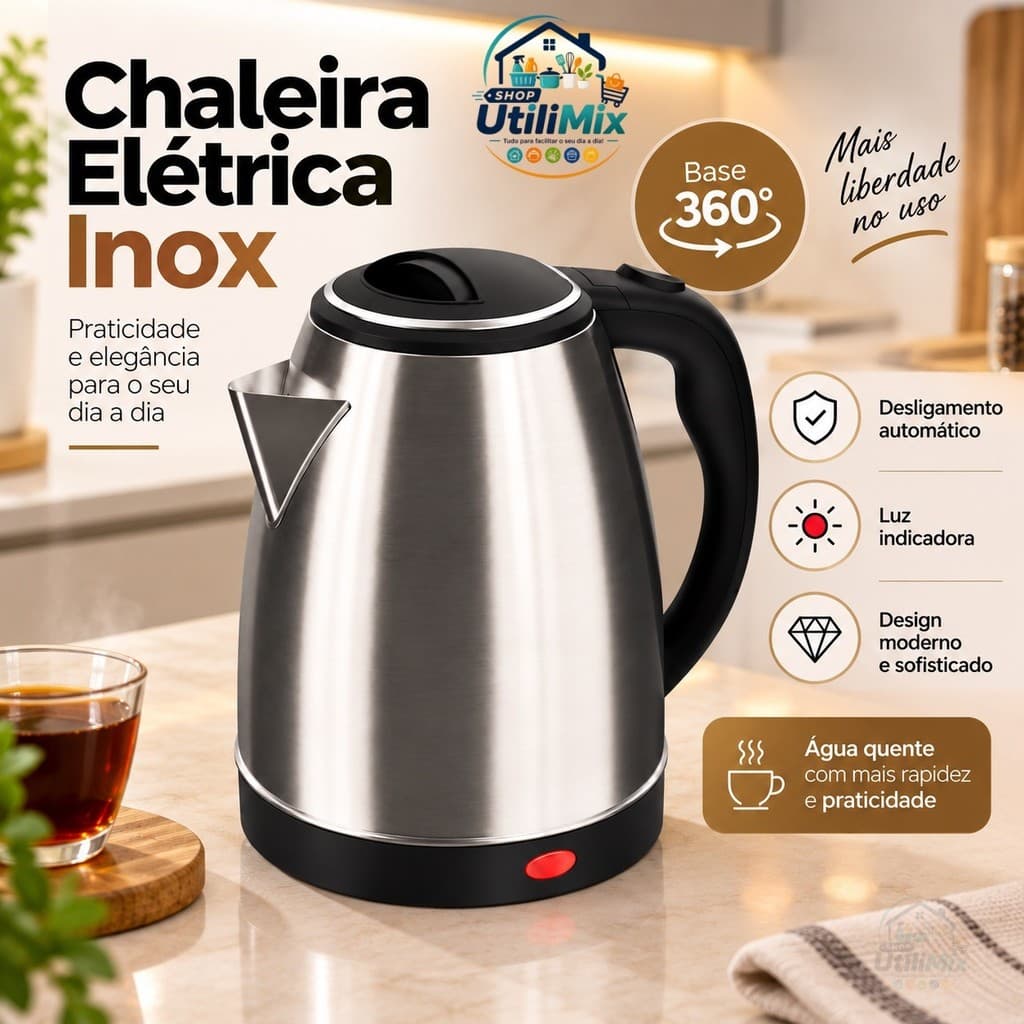 Chaleira Jarra Elétrica Inox 1.8 Litros Desligamento Automático Aquecimento Rápido