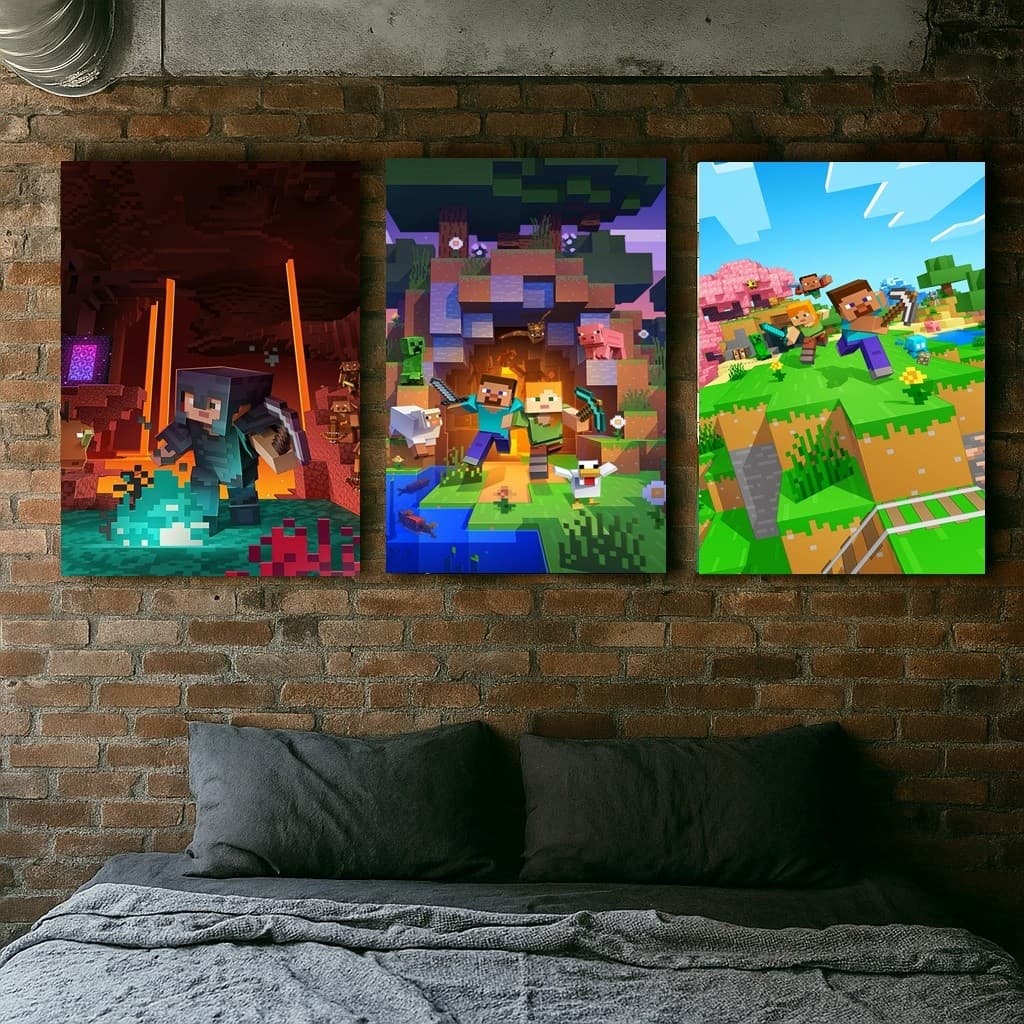 Kit com 3 Quadros Decorativos Minecraft em MDF 20x28 com Dupla Face Inclusa – Decoração Gamer Criativa!