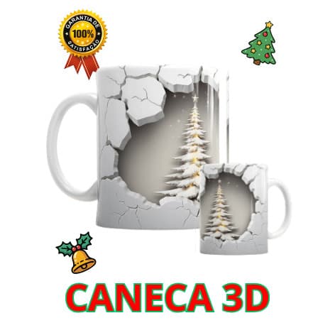 Caneca Natal 3D Efeito Parede Quebrada Porcelana 325ml Presente Amigo Secreto Árvore Realista
