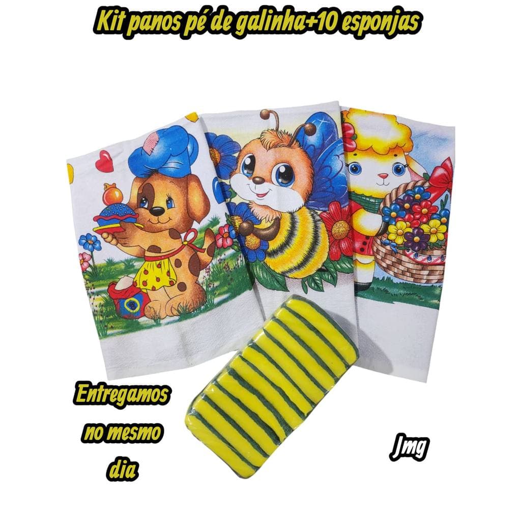 kit Panos de Prato Pé de Galinha Estampado 3/5/10 Peças + 10 Esponja lavar louça 100% algodão  Tamanho Grande  Original