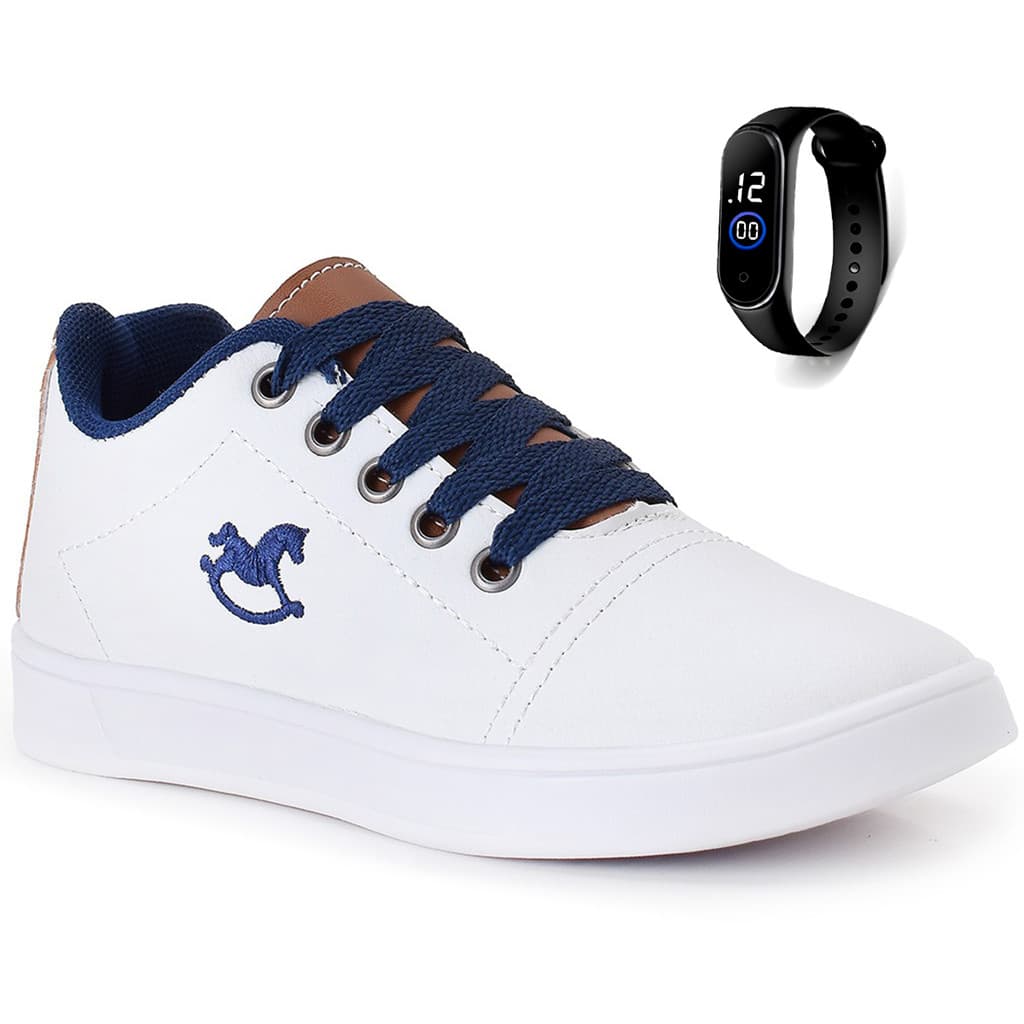 Kit Tênis Infantil Menino Casual Branco + Relógio Digital All Kids