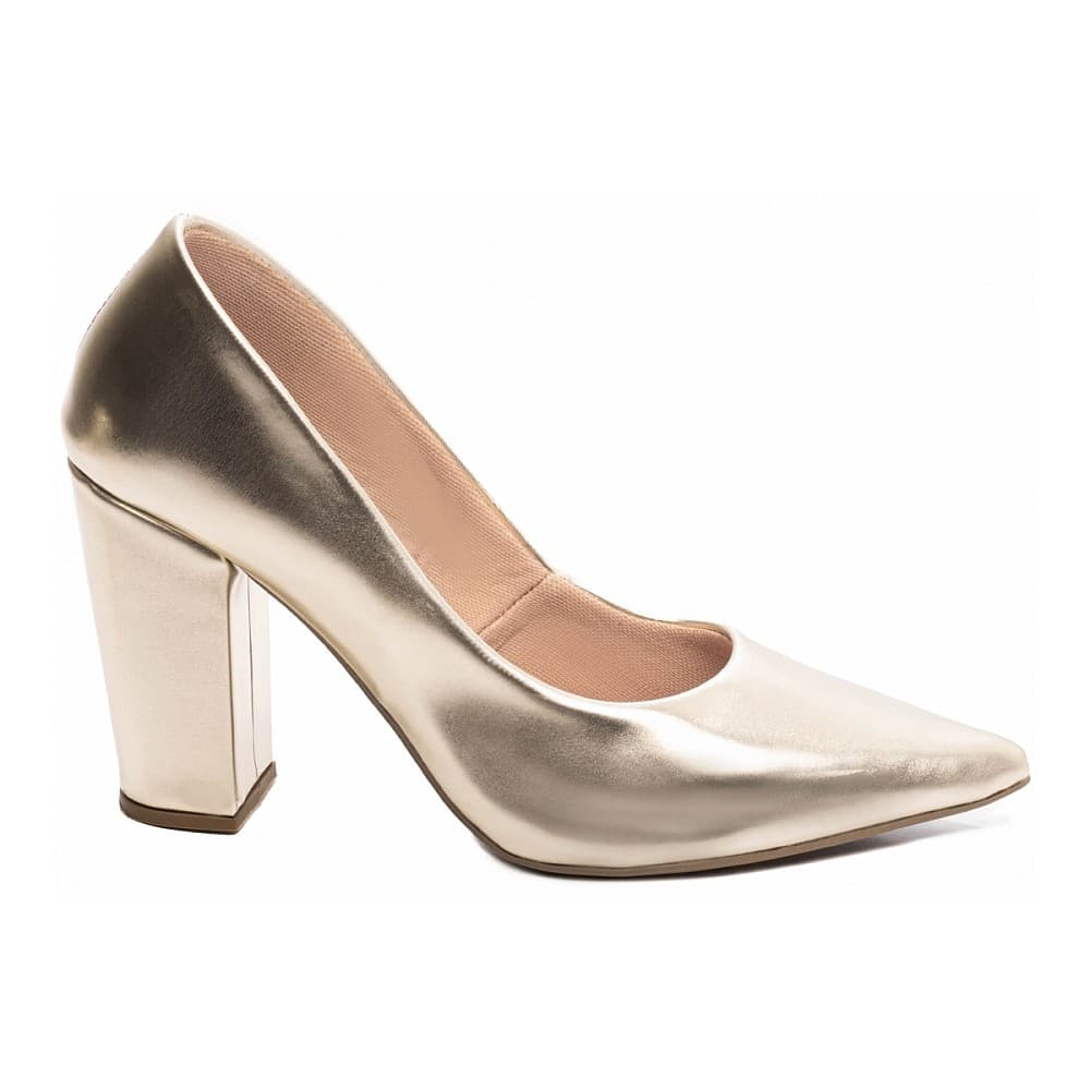Sapato Scarpin Salto Alto Grosso Bico Fino Dourado