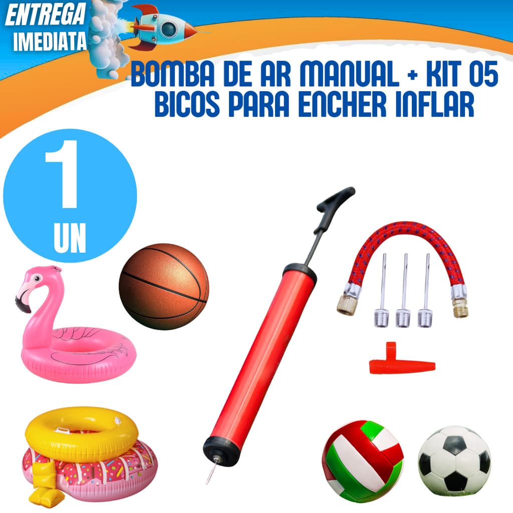 Bomba de Ar Manual e Kit 5 Bicos para Encher Bola Futebol Futsal Basquete Futevôlei Boias Colete Bexigas Bolas Pilates