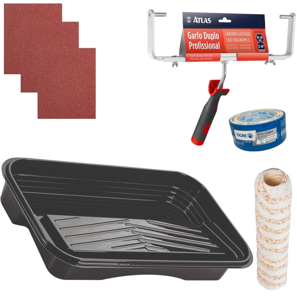 Kit Suporte Duplo 46cm Rolo Duplo 46cm Bandeja 4,6L Lixas Grão 100 e 120 mais Fita Crepe 48mm Pintura Profissional