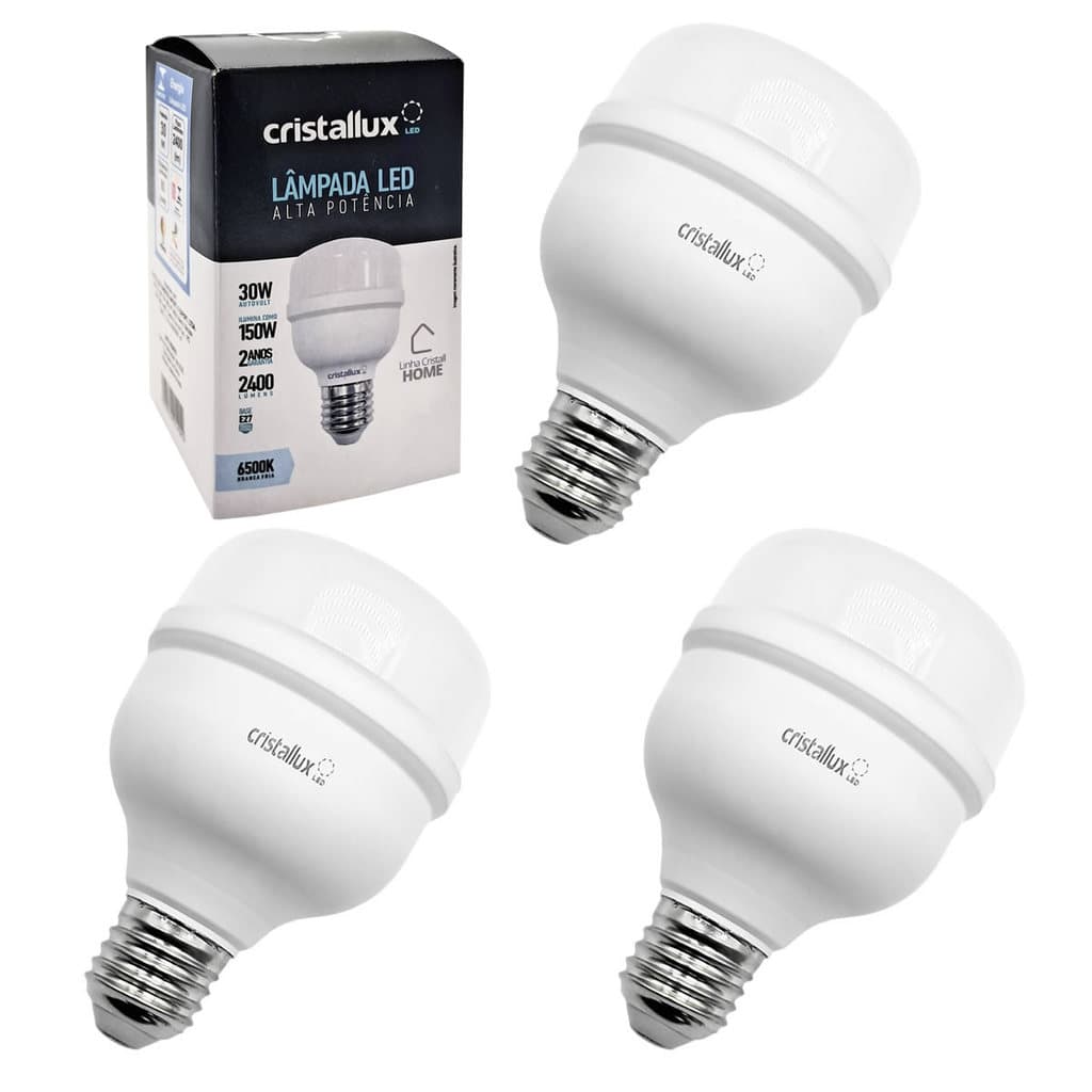 Kit 3 Lâmpada Bulbo 30W Led Branca Fria 6500k Alta Potência E27 Bivolt 110/220V Cristallux