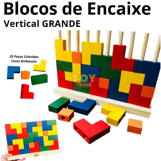 Bloco de Encaixe Vertical em Madeira Colorida Educativo - Toy Trade Coordenação e Lógica