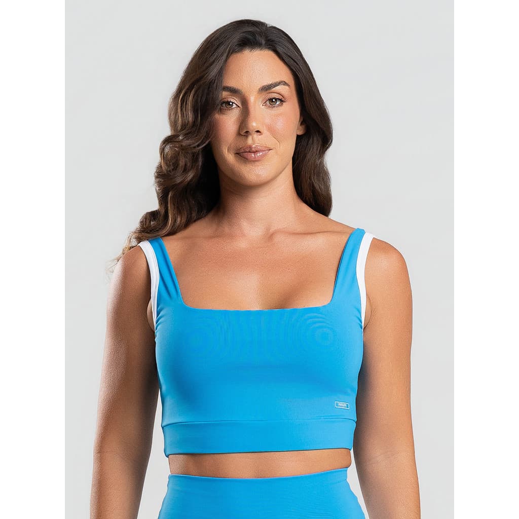 Top Poliamida Decote Quadrado Azul Com Vivo Branco Massam Fitness