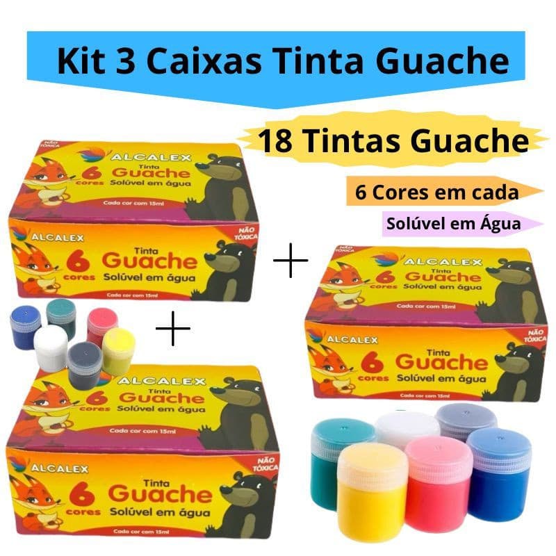 Kit 3 Caixas Tinta Guache 15ml Caixa Com 6 Cores Diferentes Tintas Alcalex