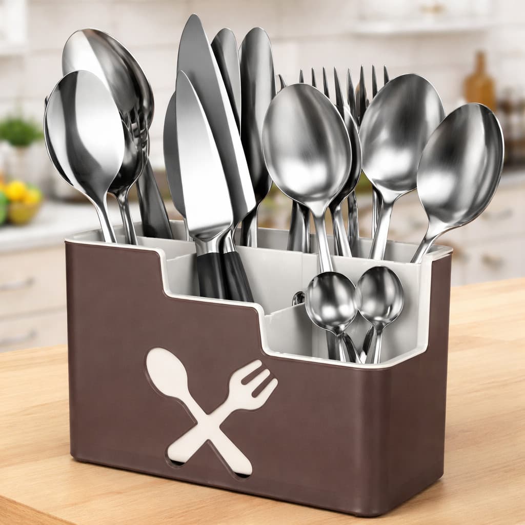 Suporte para Talheres com 6 espaços Organizador Porta Separador Bege Cinza Delta Cozinha Talher Casa Pia