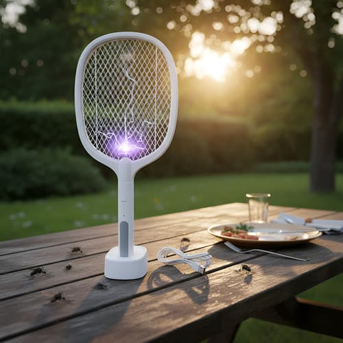 Raquete Elétrica Mata Insetos Recarregável com Base e Luz LED