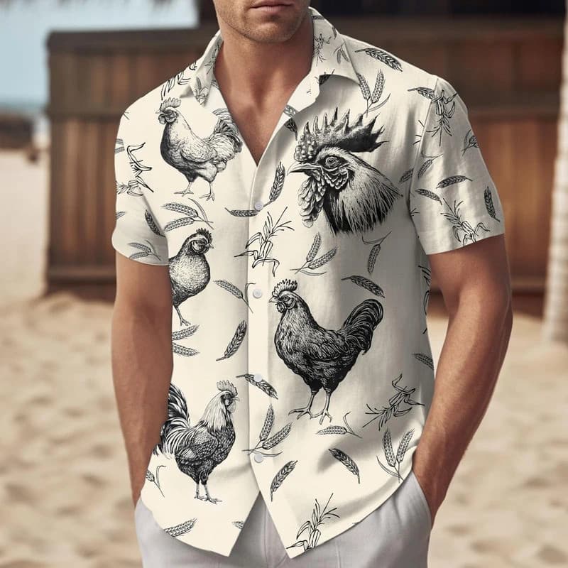 Camisas Masculinas Vintage com Estampa de Galo, Camisa Havaiana, Camisas Divertidas com Estampa 3D de Animais para Homen