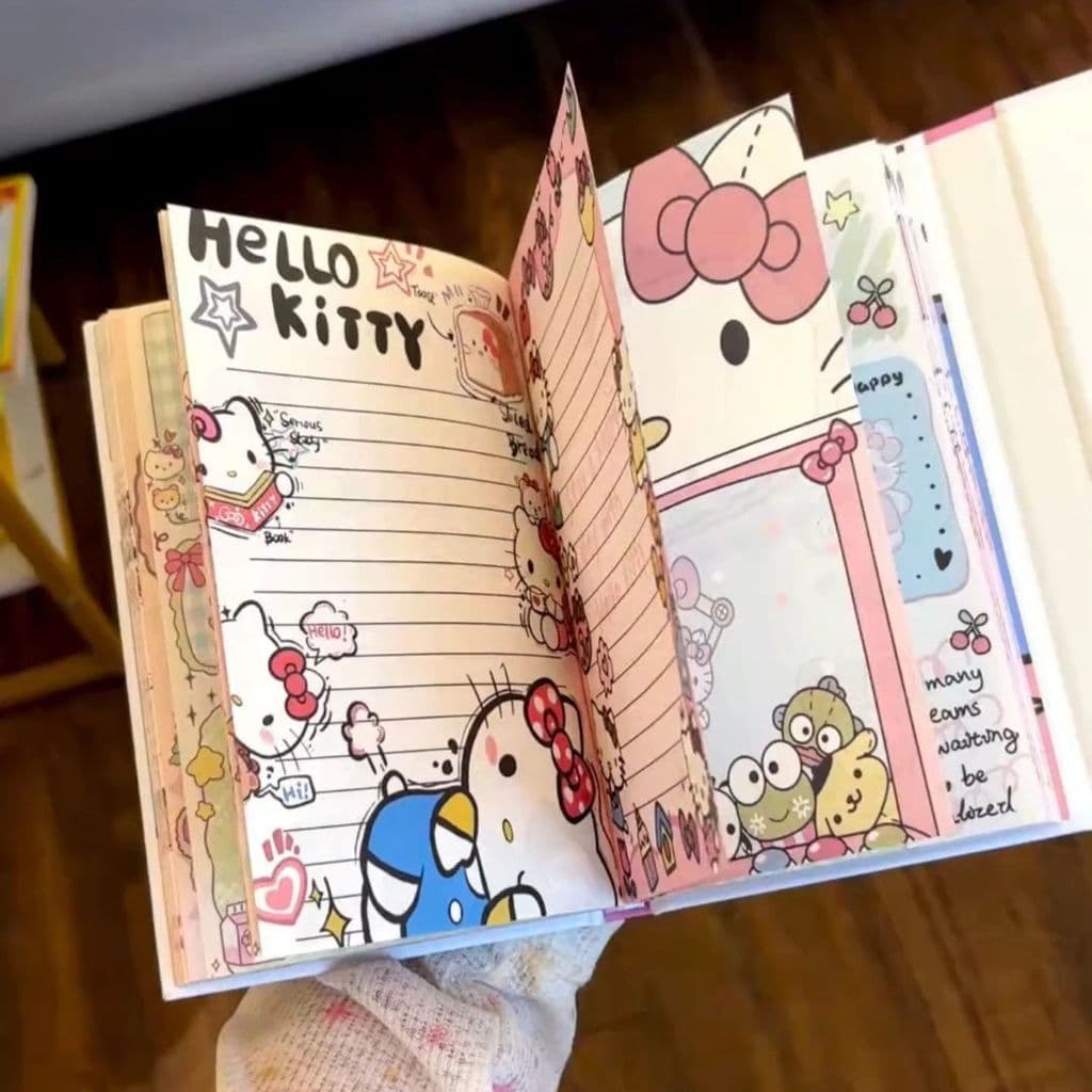 Caderno Triplo Estilo Ins Com Gato KT Oco E Borla , Diário De Estudante De Desenho Animado Fofo Em Cores , Presente De B