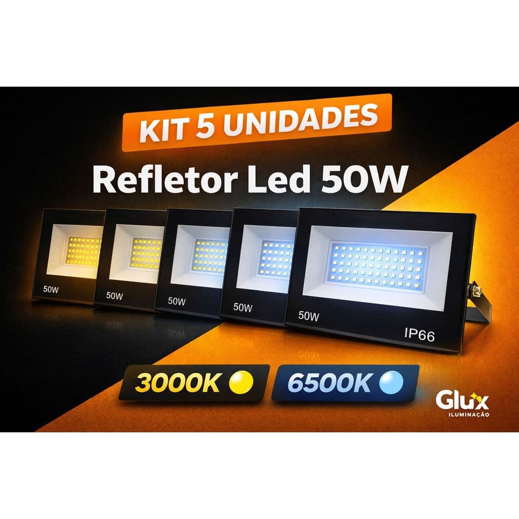 Kit 05 Refletor Led 50w Bivolt Prova D'água Frio Ip66 Promocao Externo Aluminio Grande Potente