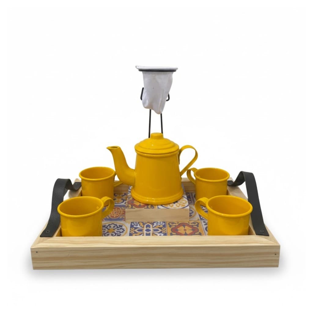Kit Cantinho Do Café Coador Bandeja Bule + 4 Canecas