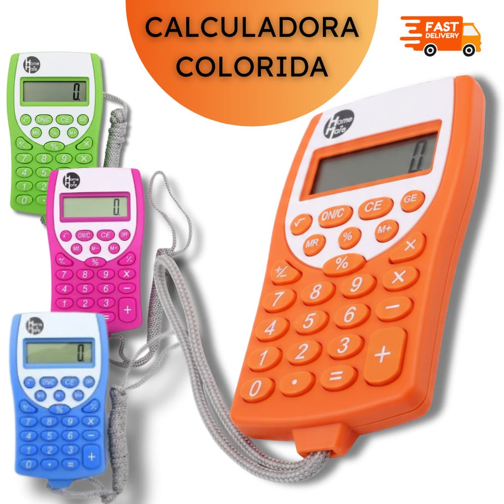 Calculadora Colorida de 8 dígitos com Cordão Escritório Escolar Bateria - 5 ou 10 unidades