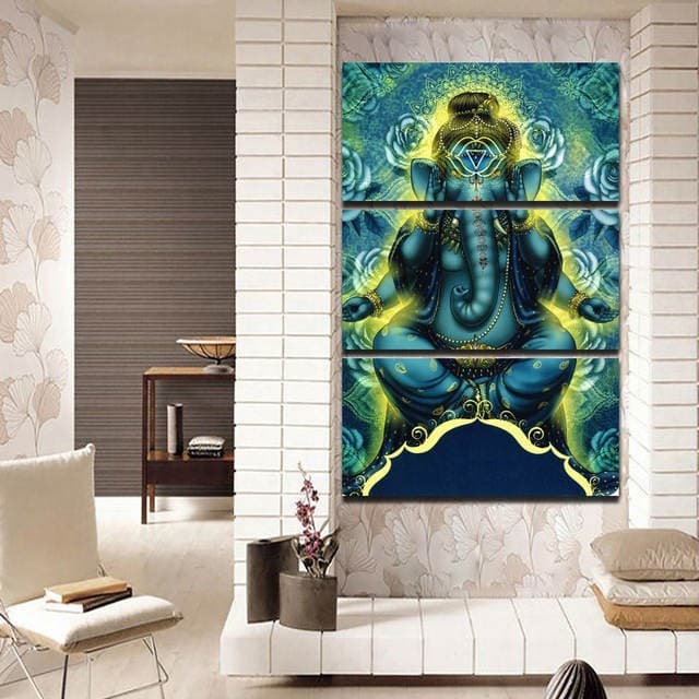 Quadros Decorativos Vertical 3 Peças Elefante Indiano Lord Ganesha Indu