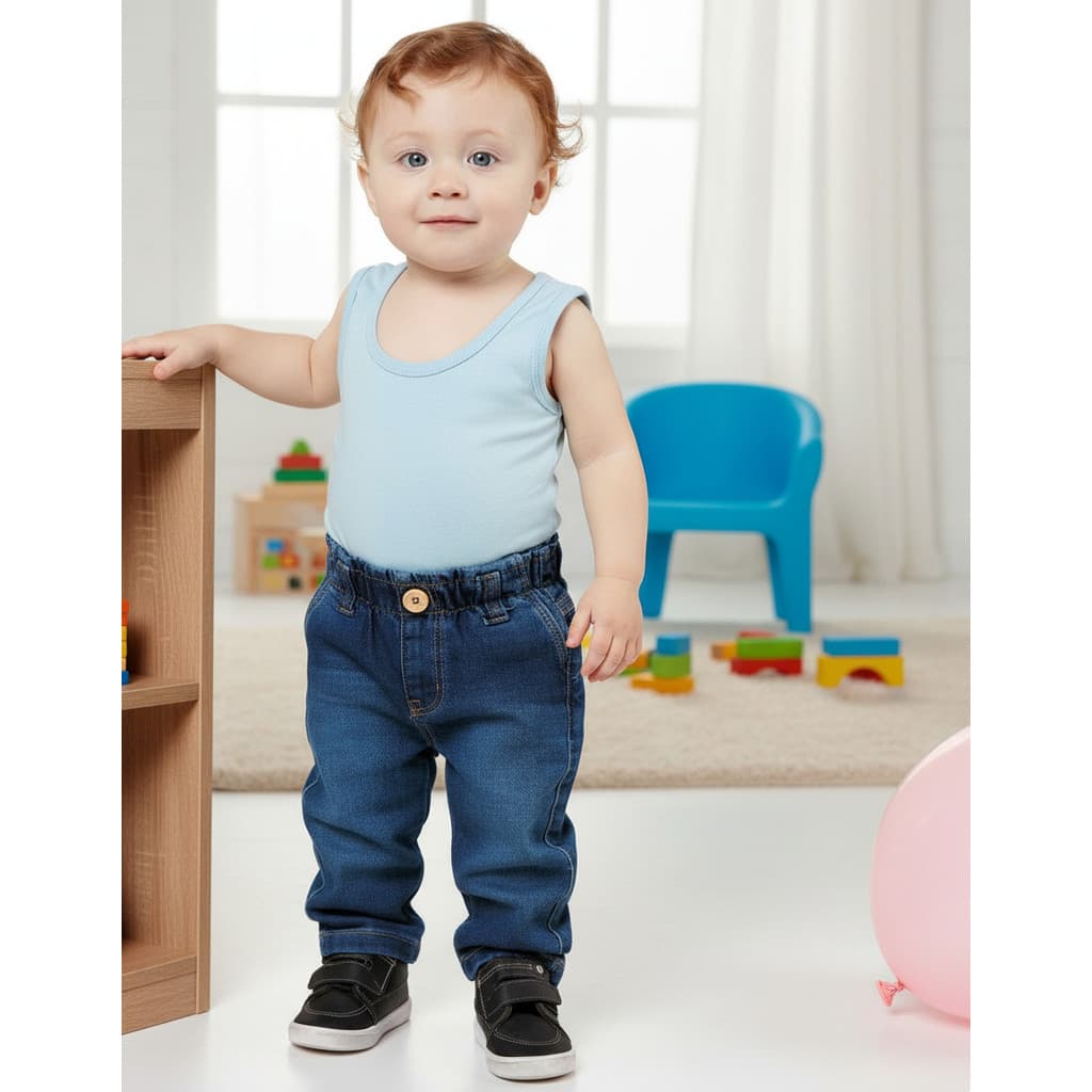 Calça Jeans Bebê Menino Moletom Cós Elástico Conforto Denim Bolsos Funcionais Escola