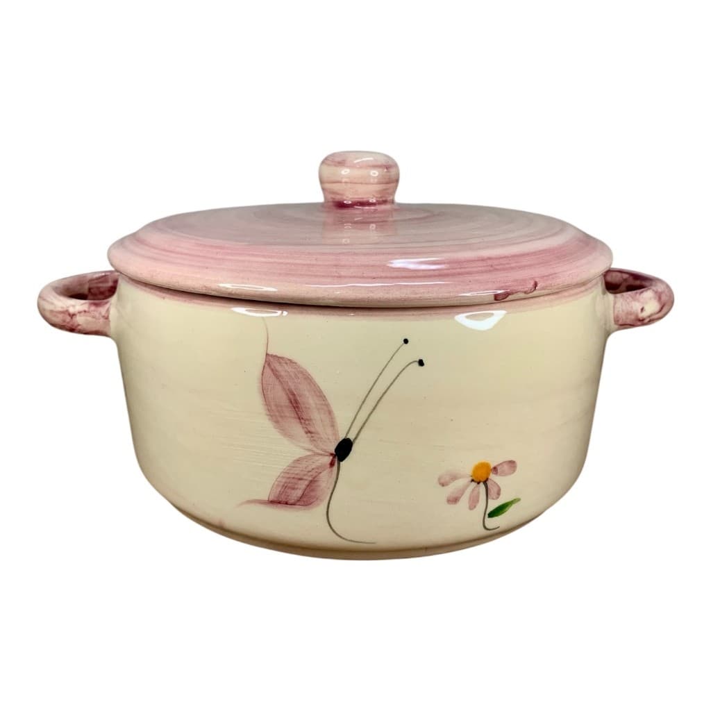 Panela Média Para Guardar Comida 1,3L Feito de Cerâmica Com Tampa Decorado Rosa Borboleta