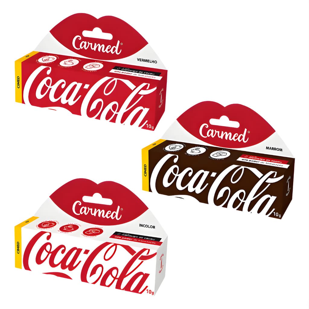 Hidratante Labial Coca-Cola Vermelho, Incolor, Marrom - Bisnaga 10g, Linha Coca-Cola