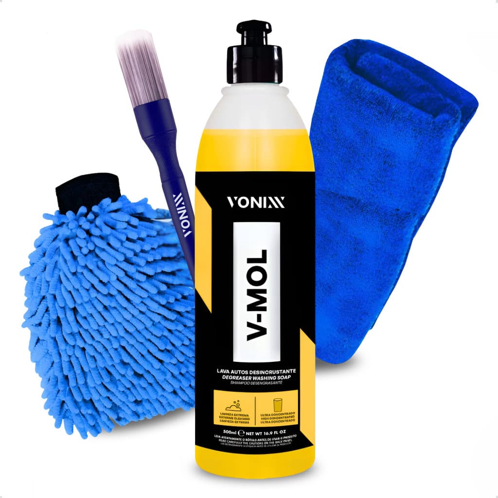 Kit Lavagem Automotiva Vonixx V-Mol Shampoo 500ml Remove Lama Barro + Luva Microfibra Carro Moto