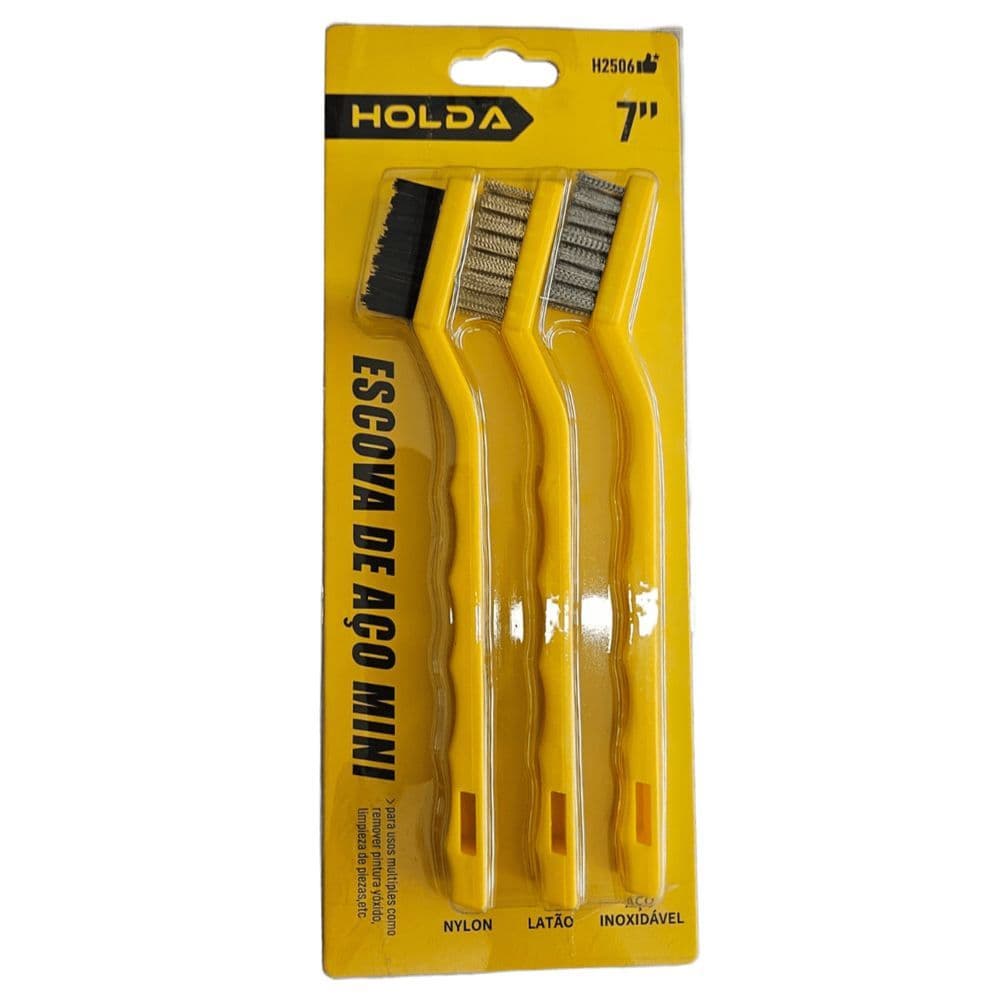 Escova Mini Em Aço Cabo Plastico Jogo C/ 3 Peças Holda