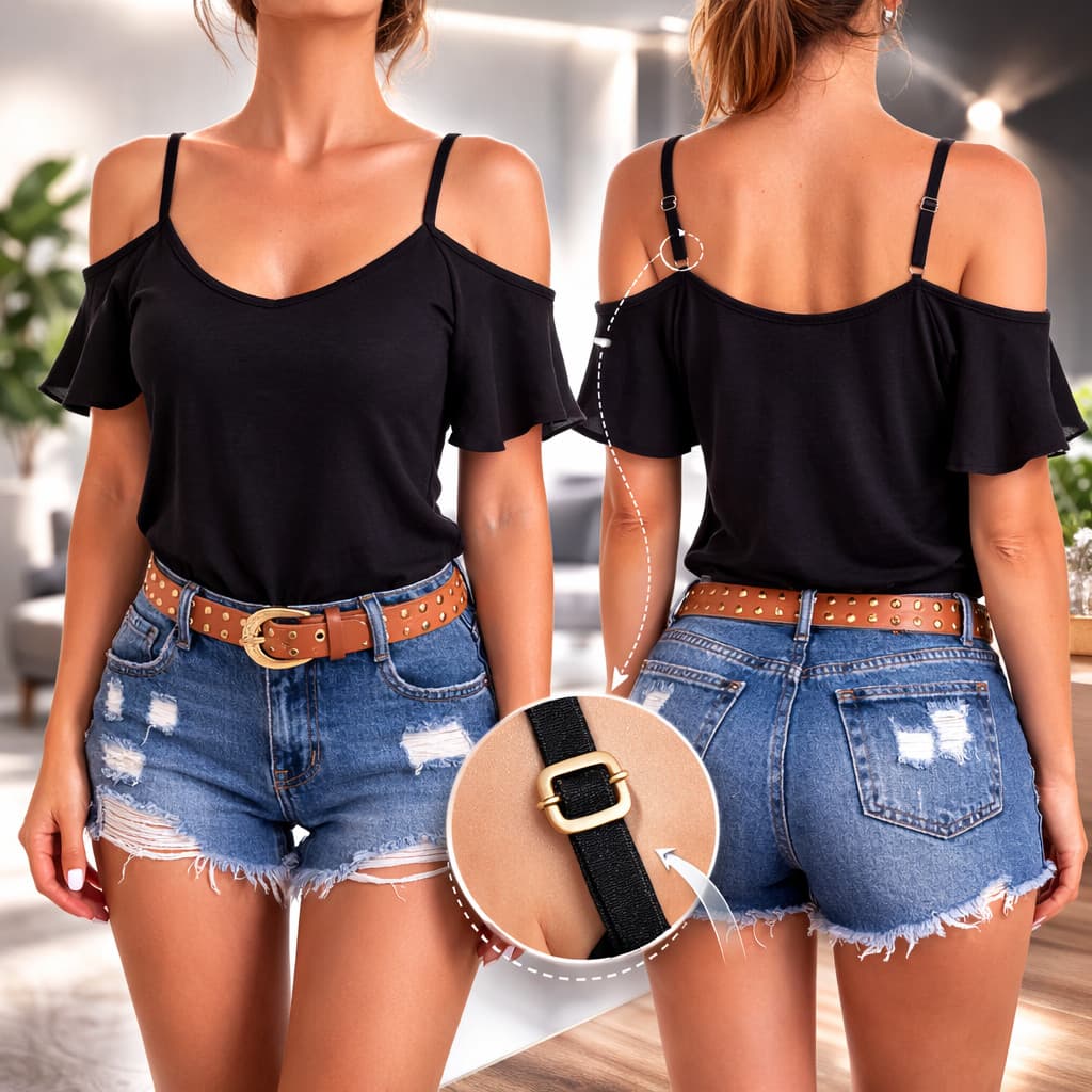 Blusa Feminina Ombro a Ombro Ciganinha Manga Curta Alça Fina Crepe P ao G