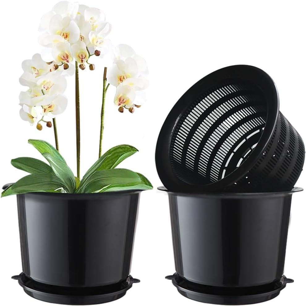 Vasos para Orquídeas de 8 Polegadas com Furos e Pratos, Vaso Grande de Plástico de Dupla Camada para Orquídeas, Vasos pa