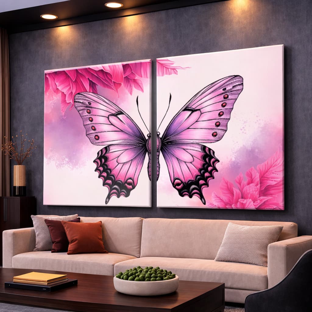 Kit 2 Quadros Decorativos Borboleta Rosa Mosaico Sala Quarto Escritório