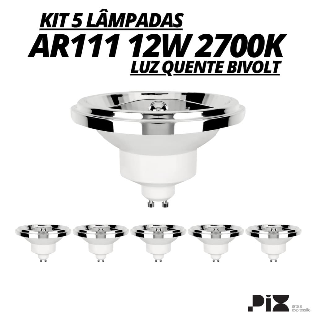 Kit 5 Lâmpada Led AR111 12W 2700K Branca Quente GU10 Pix