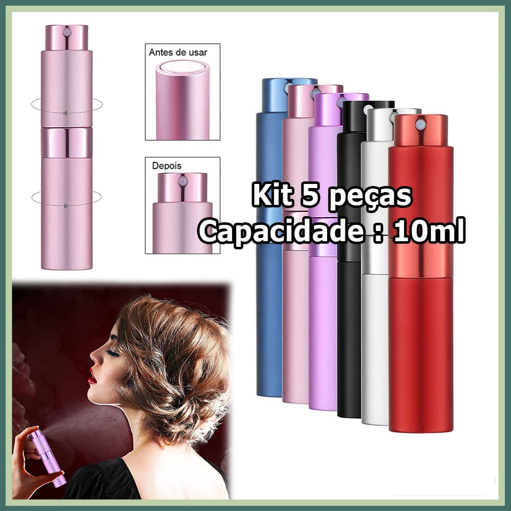 Kit 5 10ml Frasco de perfume com spray frasco recarregável mecanismo de torção e travamento dispensador de perfume