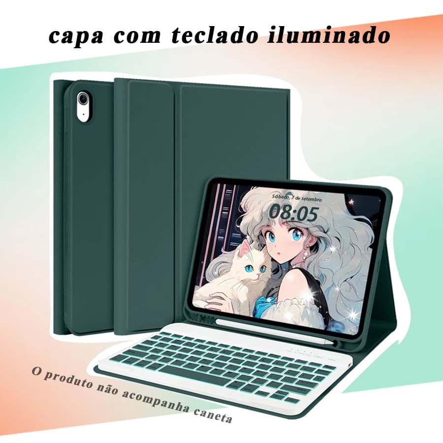 capa com teclado iluminado para Samsung Tab S6Lite A7 A8, S7/S7+/S7FE, S8/S8+/S8Ultra, A9+/A11+
