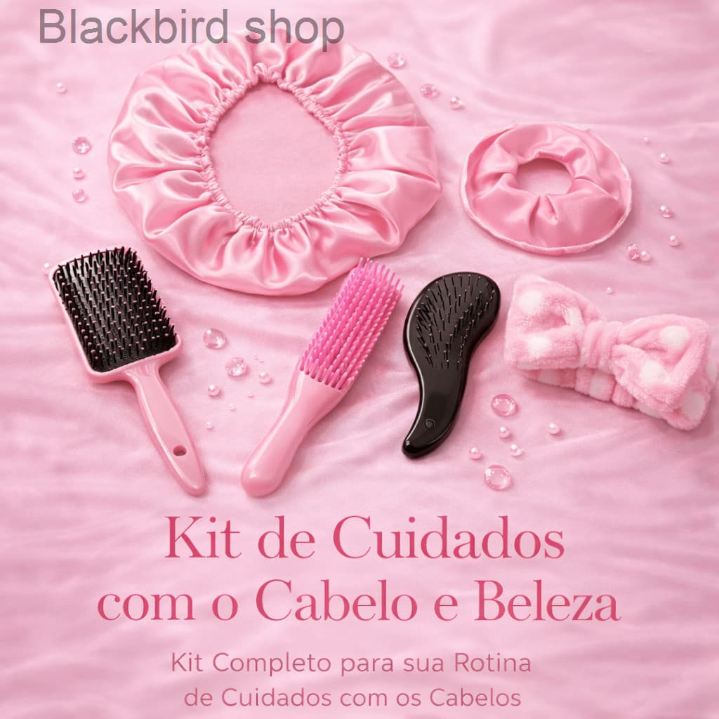 Kit de Cuidados capilares - Touca de Cetim, Xuxinha, Escova Raquete, Escova Polvo, Escova Mágica e Faixa Skincare4NHE
