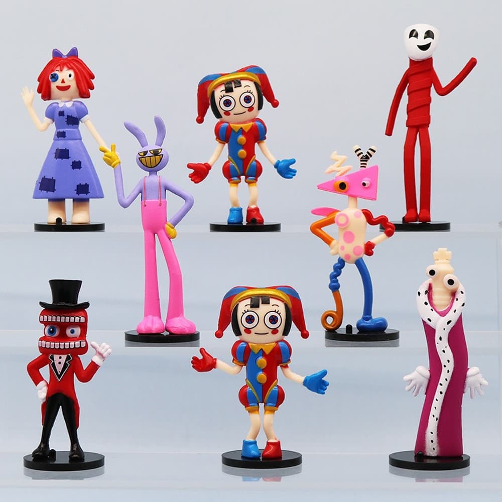 Conjunto de 8 figuras de personagens de terror de "O Circo Mágico dos Números", incluindo Pomni, Jax, Kinger, etc.