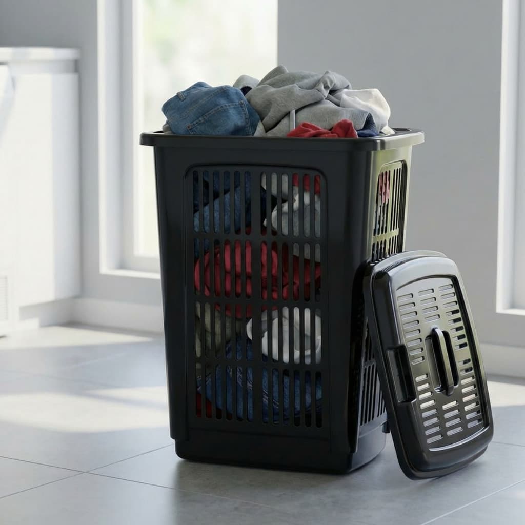 Cesto de Roupa Suja Grande Preto 30 Litros para Lavanderia Com Tampa Ventilado Plástico Resistente