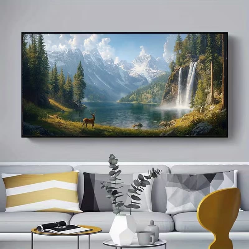Quadro Decorativo Sala Cachoeira Na Floresta e Cervo Paisagem Alpina Selvagem Elegante 110x70