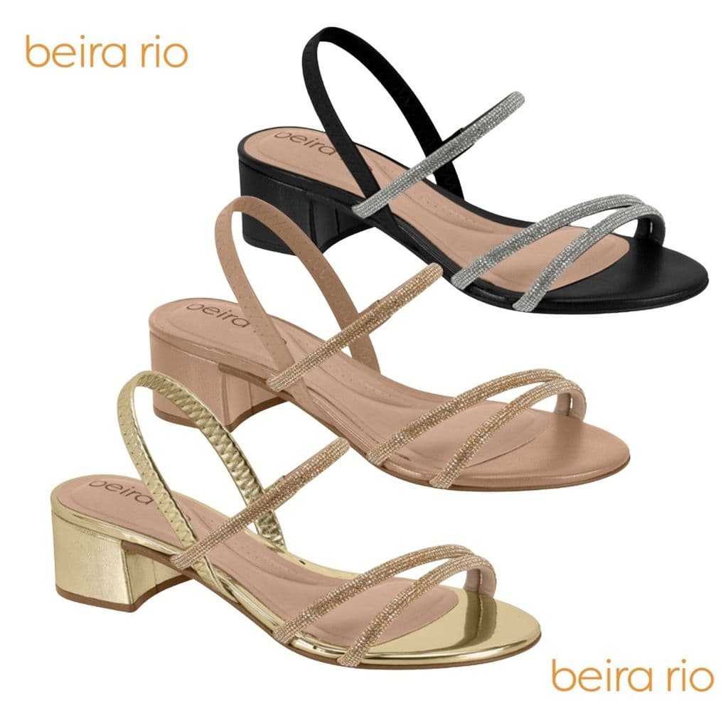 Sandalia Feminina Beira Rio Conforto Salto Baixo Bloco Festa Chic Elástico Brilho Strass