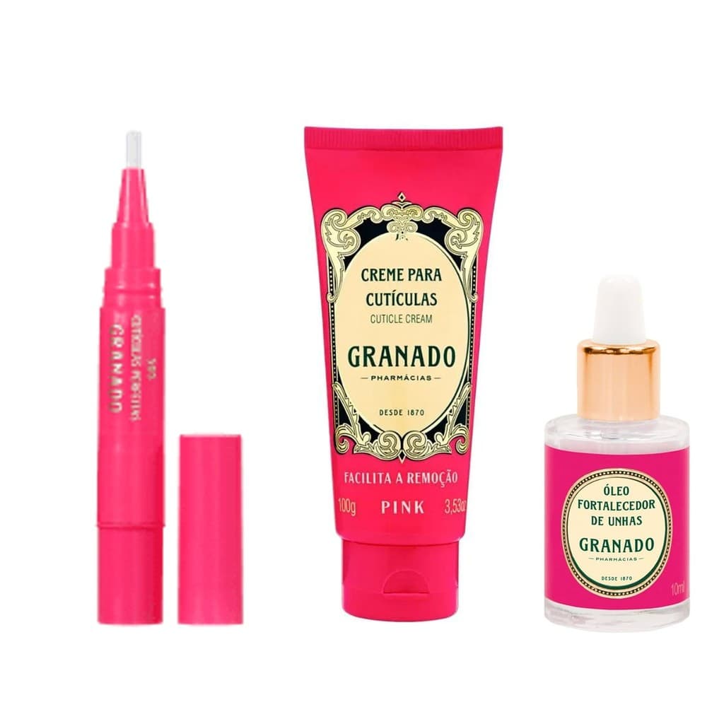 Kit SOS Cutículas Perfeitas + Creme para Cutículas + Óleo Fortalecedor - Linha Pink Granado