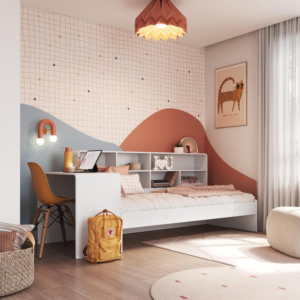 Cama Infantil Solteiro com Estante e Mesa de Estudo Integrada Multifuncional para Quarto Infantil