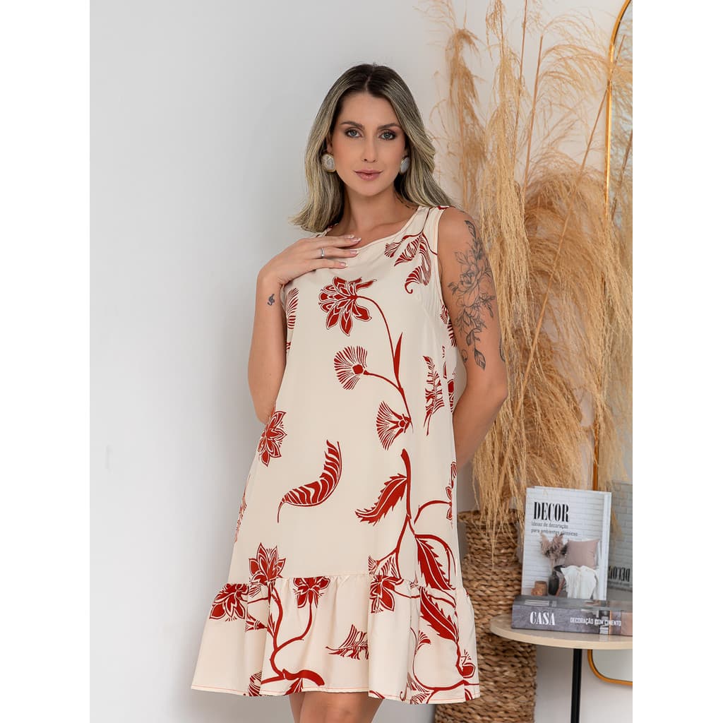 Vestido Feminino Estampado Floral Sem Manga Soltinho Leve com Babado Casual Verão 2319