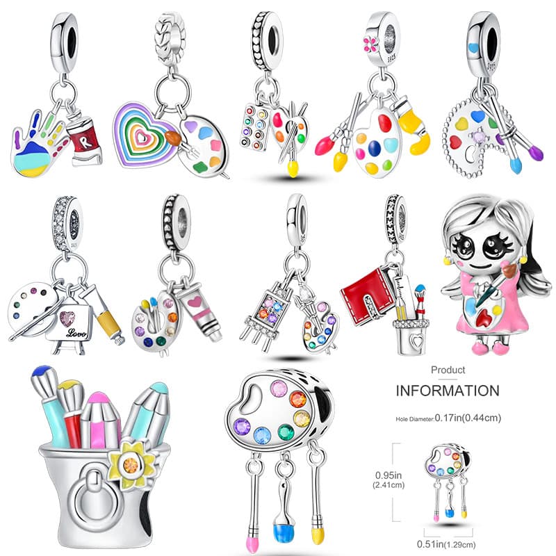 Charms Berloque 925 Prata Esterlina Artista Escova Ferramentas Paleta De Cores Pintura A Óleo Encantos Menina Contas