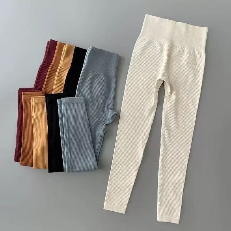 Calça Legging Canelada de Cintura Alta Sem Costura para Academia Feminina, Elástica, Esportiva e Fitness