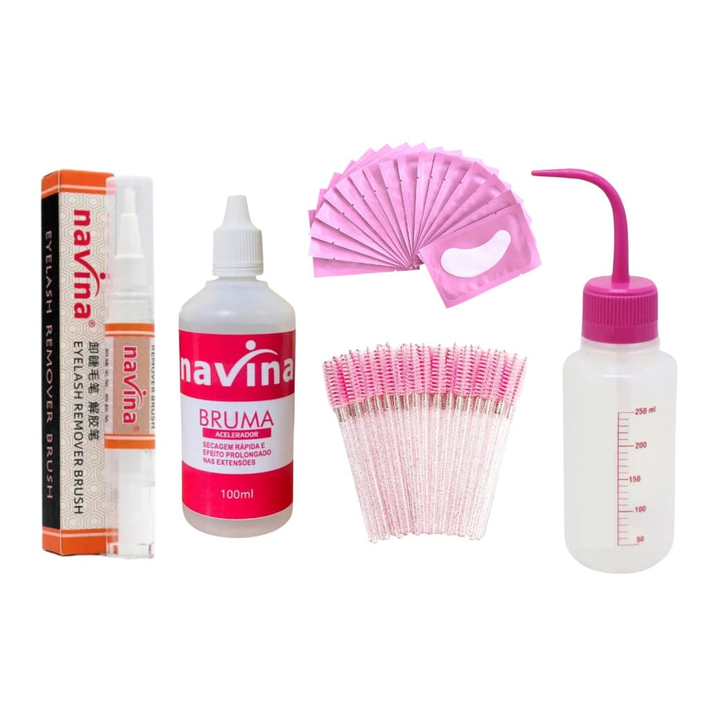 Kit Navina Removedor de Cola cilios Acelerador Bruma Pisseta Escovinha sobrancelha e Pad Palpebra
